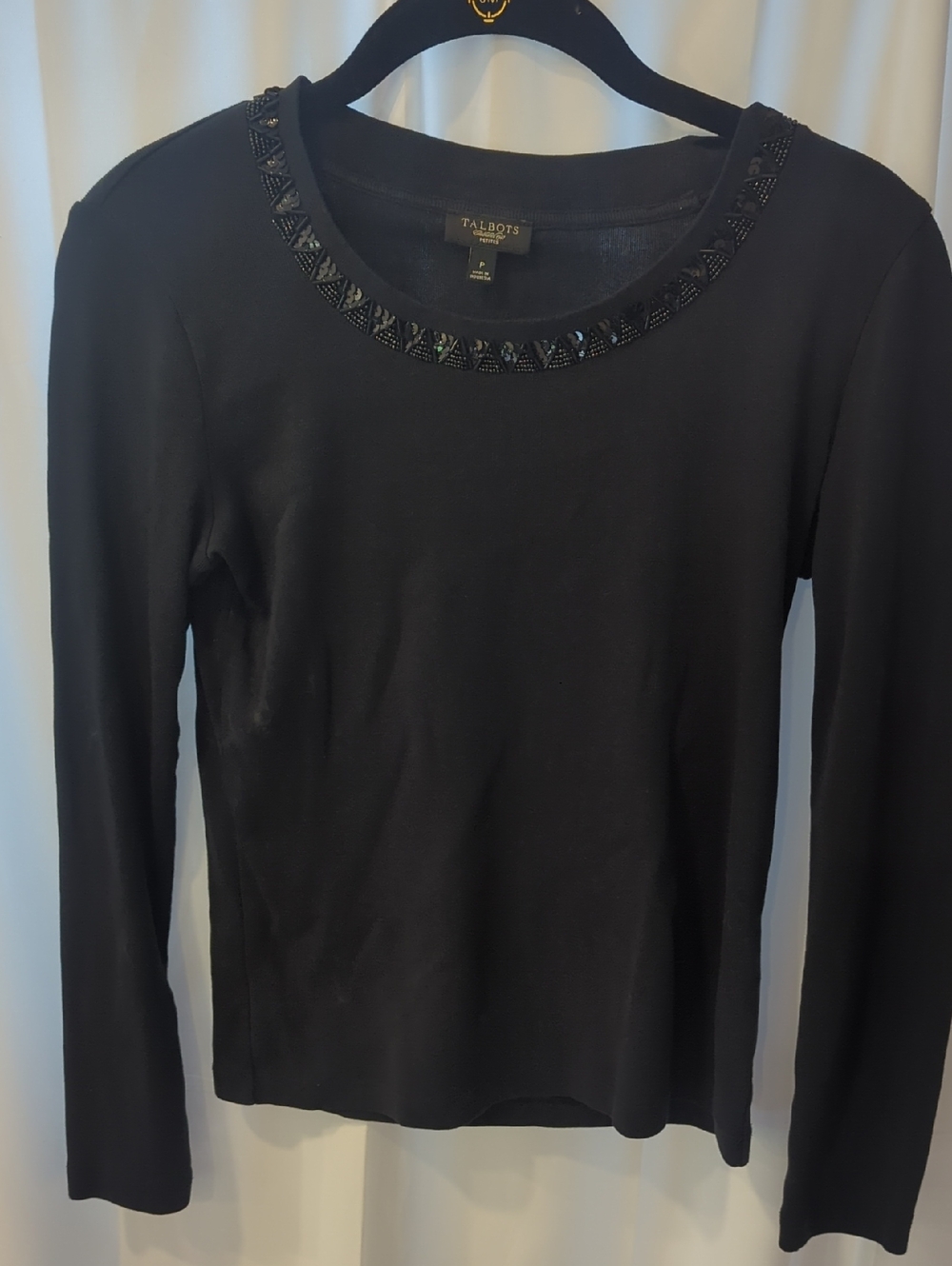 Talbots Black Beaded Scoop-Neck Long Sleeve Top Petite
